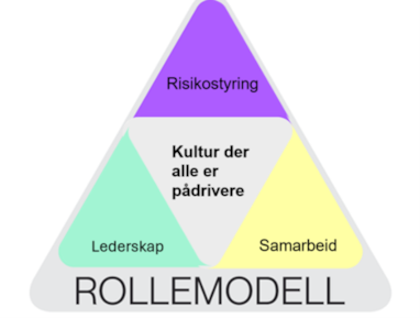 Illustrasjon av en trekant med teksten: Risikostyring, Lederskap, Samarbeid, Kultur der alle er pådrivere